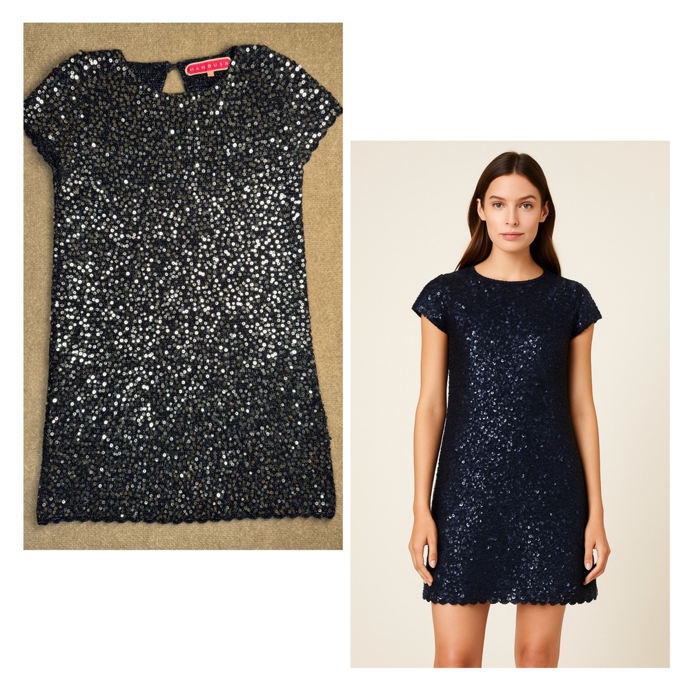 Manoush Blue Sequin Knit Mini Dress Small Scalloped Hem Wool Blend Lurex Sparkle